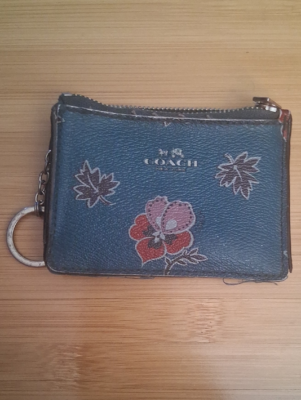 COACH Teal Floral Leather Key Pouch with Red & Pink Accents